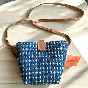 Shebobo Blue and White Woven Sisal Mini Crossbody Bag NWT